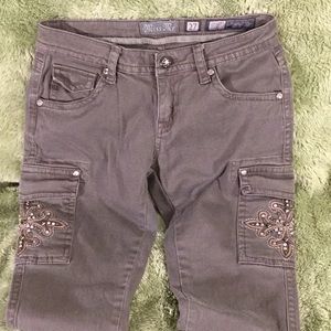 MISS ME Jeans-Cargo-Khaki-Sz 27-W/ ZIP UP Legs-🤩